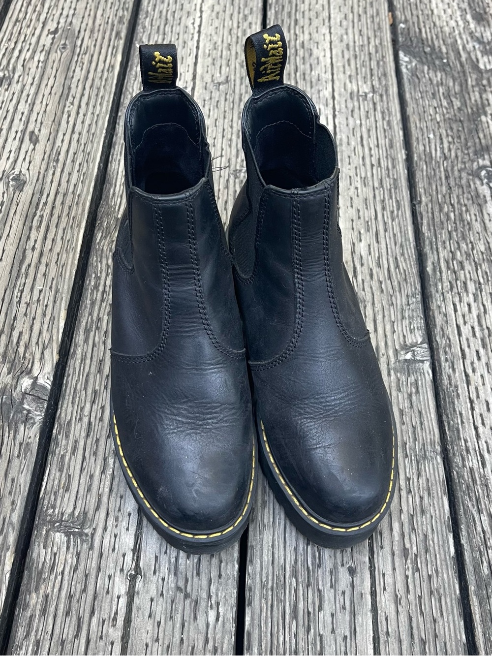 Doc Martens Black Leather Chelsea Boots with Yellow Stitching